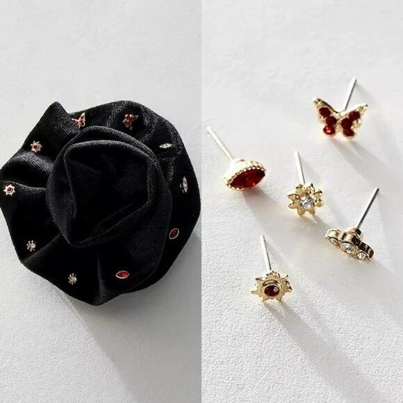 Free People Rosette Stud Pack Velvet Rose Brooch Earrings Set - Picture 1 of 8